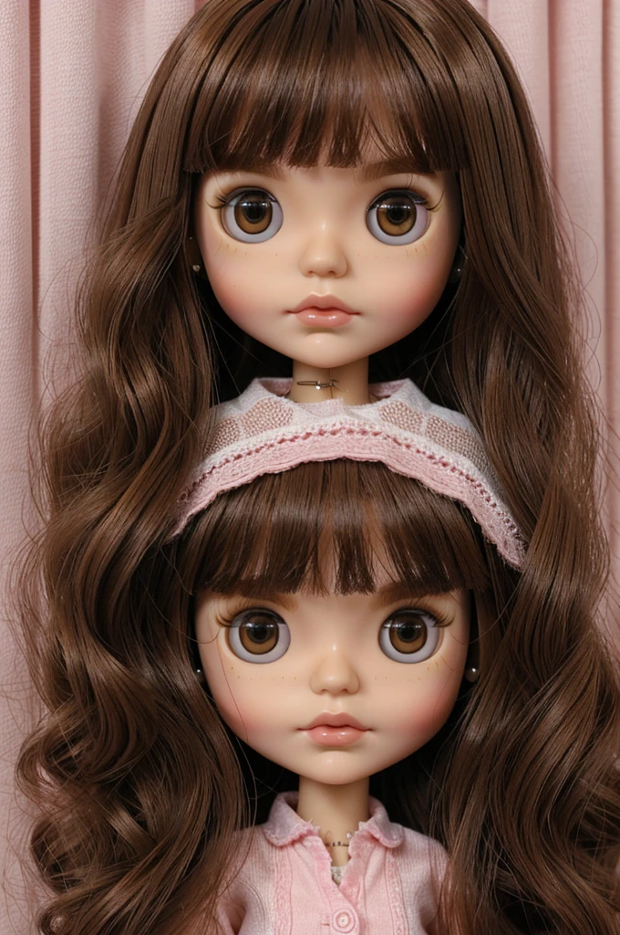 Create a small blythe doll with the following characteristics:Brown hair,Brown eyes,pink lips, medium nose,long hair with curtain fringe