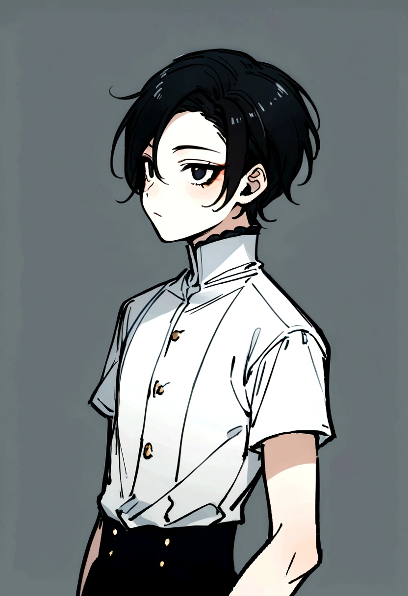 Femboy with slightly long black hair, a white shirt with short sleeves, a short. black eyes and eyeliner. He is a boy with a thin waist and a feminine face.