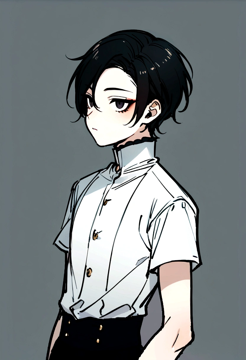 Femboy with slightly long black hair, a white shirt with short sleeves, a short. black eyes and eyeliner. He is a boy with a thin waist and a feminine face.