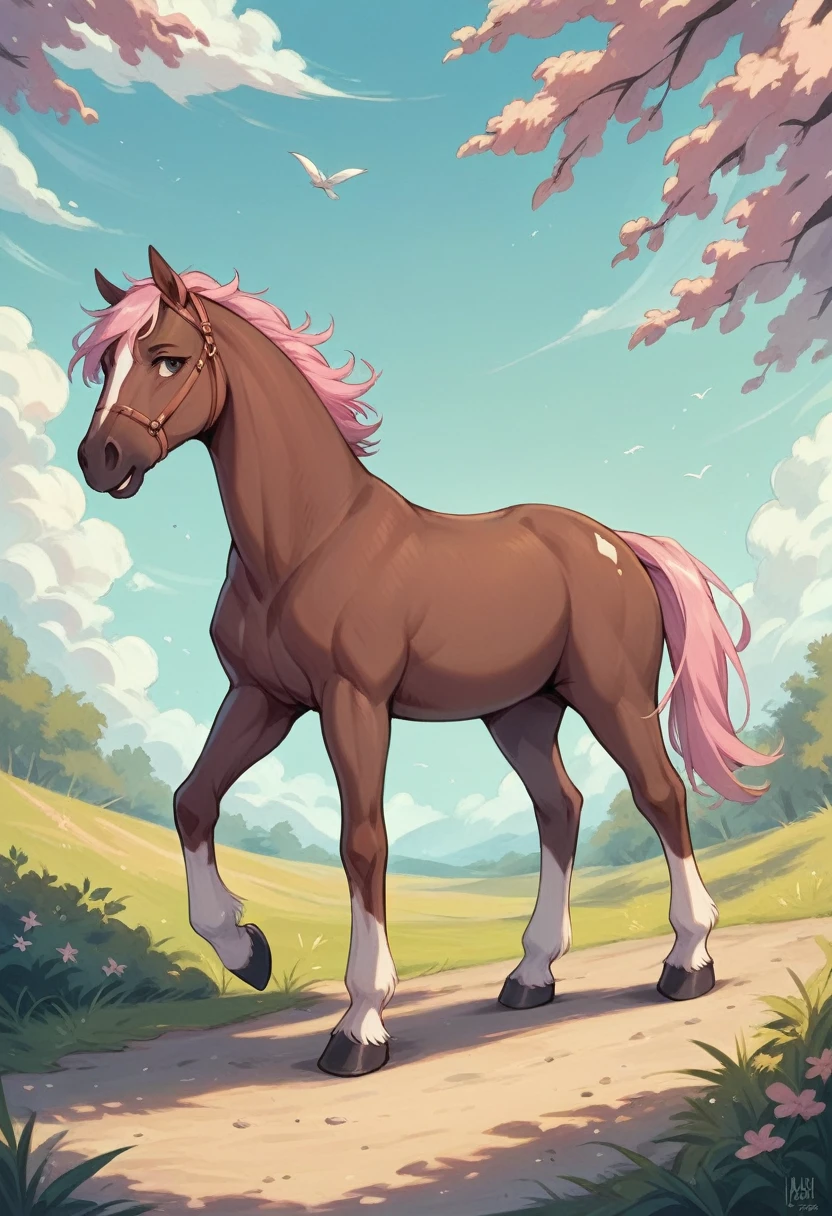 13 year old girl with pink hair, small breasts, he is walking towards a brown horse, (Best Quality), (well-formed horse