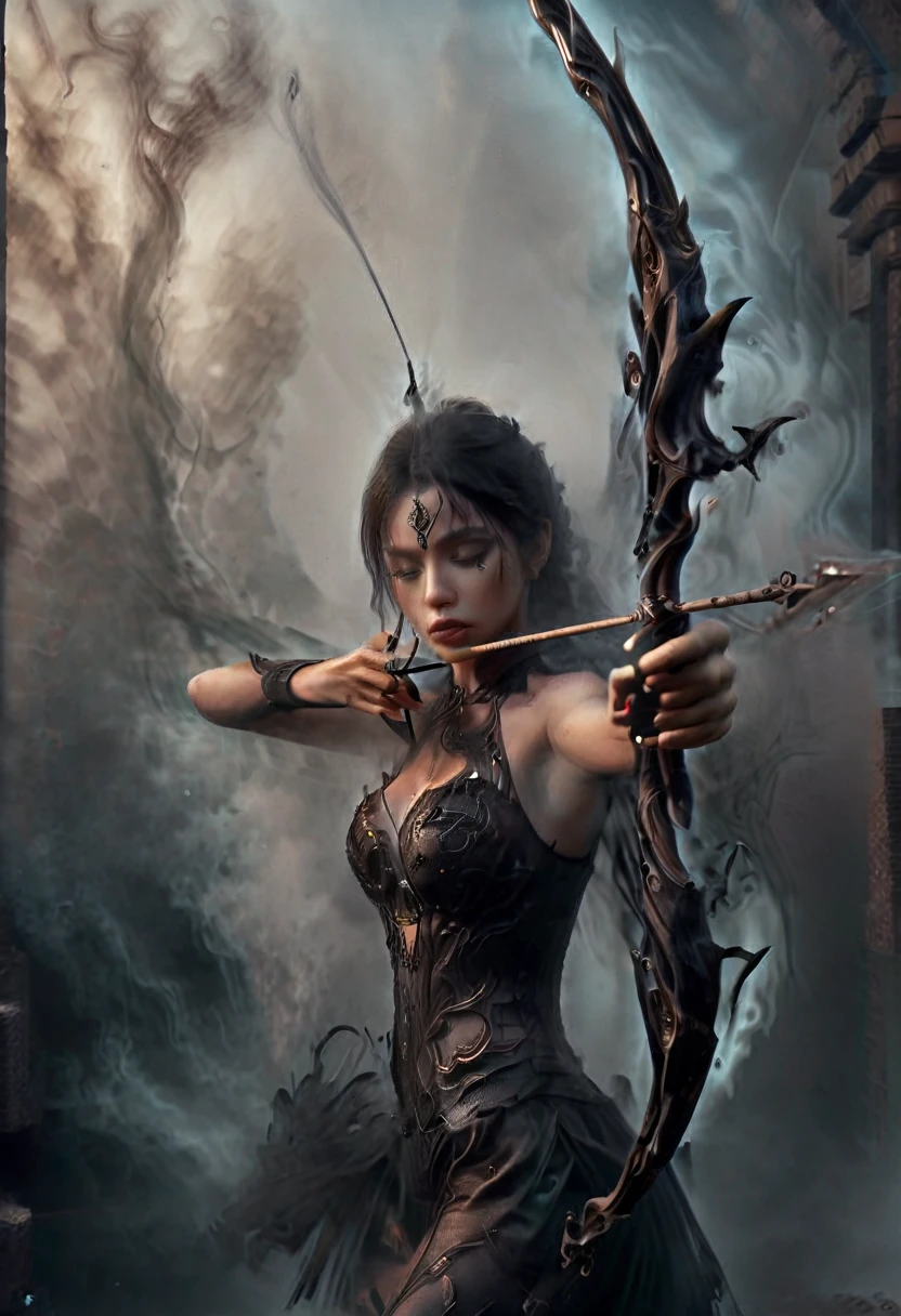 Action shot of beautiful aiming a black bow weapon, (smoke:1.5), bow and arrow, aiming at viewer, girl made up of black smoke, (partially concealed), african woman, nude, very dark skin, smoke on the water, covered by smoke, emerging from the shadows, bright eyes, glimpses, dark theme, foggy glass, cloaked in smoke, (naked:1.2), sideboob, curves, wrapped in darkness, 8K, HD, amazing quality, HD, masterpiece, best quality, hyper detailed, ultra detailed, smoke in foreground