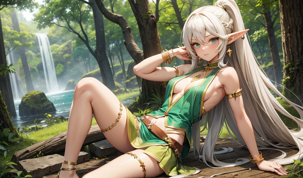White long hair, pointed ears, flat chest,earrings,Female elves,sleeveless tops,cleavage,Bare arms,Mini skirt,Bracelet,Leg rings,Boulders,woods