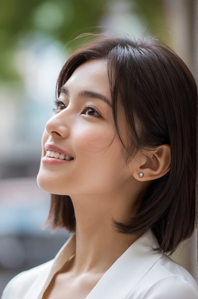 (in 8K, top-quality, masterpiece:1.3, 超A high resolution, A hyper-realistic), high detailing, ((Face like the real thing)), Photorealsitic, Raw foto, ((one beautiful women)), 27yo, Detailed face, beautidful eyes, realisticeyes, Eyes in Beautiful Details, (real looking skin), Beautiful skins, enticing, depth of fields, hight resolution, High pixel count, clear details, sharp photo, Natural color reproduction, Noise Reduction, High fidelity, quality, Software Updates, Optimized algorithms, Stylish café terrace, Everyday clothes, Neat and clean clothing, perfect bodies, face perfect, perfect chest, perfect teeth, Perfect tooth alignment, , Sexy lips, Ears are visible, Looking away, Natural perspective, (Don't look into the viewer's eyes), a smile, kindly smile, Beautiful skins, enticing, the golden ratio, (Detal Face:1.2), profetional lighting, Lighting the face, best light, japanes,japanaese girl, Photo of a cute Japanese woman, Small necklace, Thin Silver Necklace, simple background, (Photo from the side:1.2), Casual pose, Short hair swaying in the wind