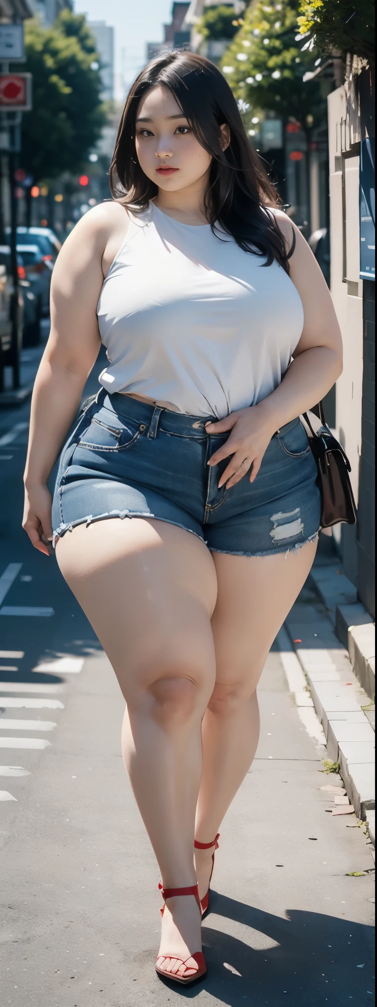 ((best quality)), ((masterpiece)), (detailed), malay woman, perfect face, araffe woman in a dark-blue shirt and blue denim skirt walking down a street, thicc, she has a jiggly fat round belly, bbwchan, wearing tight simple clothes, skinny waist and thick hips, widest hips, her belly is fat and round, soft curvy shape, hyperrealistic full figure, wearing a cute top, wide hips