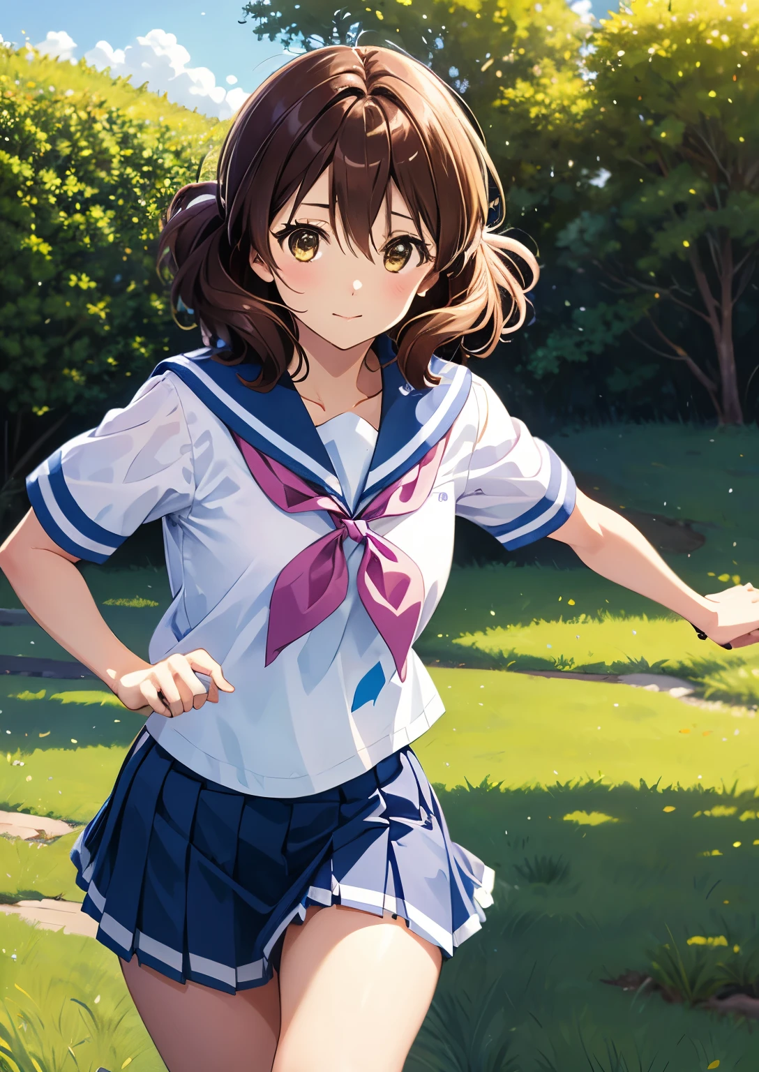 1 Girl, kumiko oumae, (running:1.3),Medium Hair, bangs, Closed Mouth、Hair between the eyes,Wavy Hair、 Looking at the audience, whole body, Front view:0.6, On campus、(Beautiful views), High , Sailor suit ,Pleated skirt,(Flowing Grass:1.3),(Genuine、Realistic、Realistic:1.30)、High resolution、超High resolution、Ultra-fine painting、Sharp focus、Physically Based Rendering、Cowboy Shot