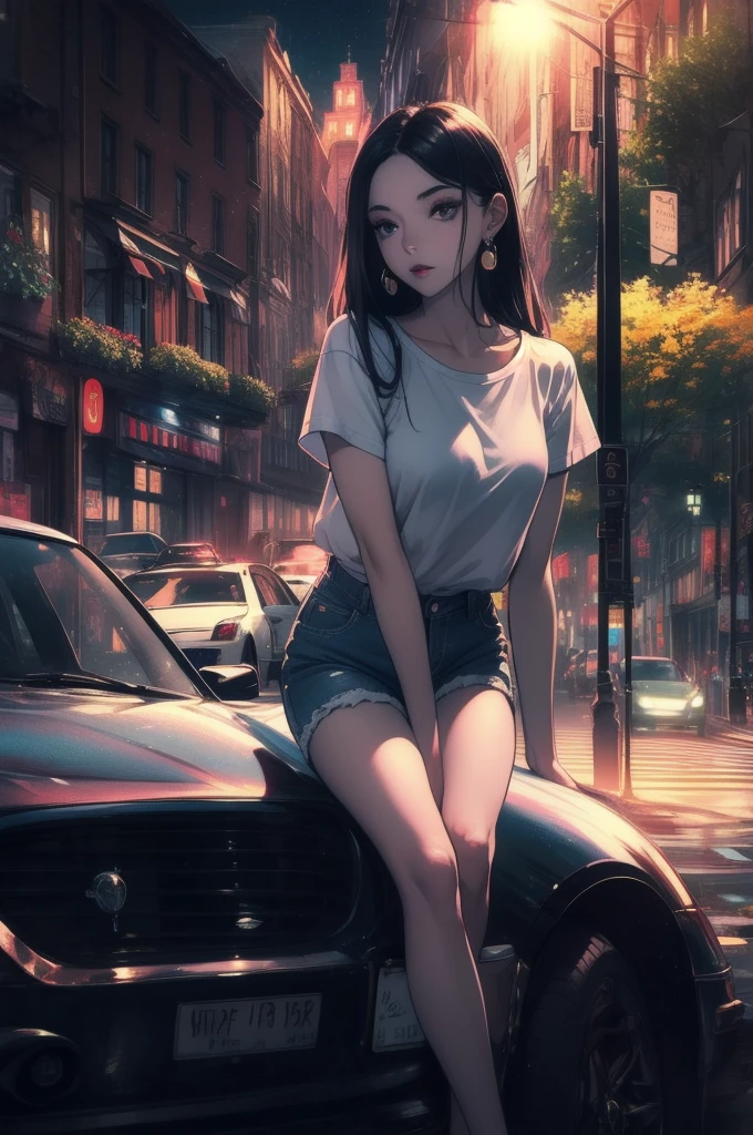 Highest quality, masterpiece, Ultra-high resolution, (Genuine: 1.4), Original photo, (Evening City), 1 Girl, Iris, Looking at the audience, Long Hair, light makeup, lips, Small ears, White T-shirt, Denim shorts, Earrings, Sit in Ferrari,, slim, Neat, garden