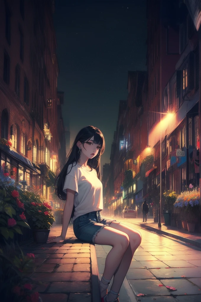 Highest quality, masterpiece, Ultra-high resolution, (Genuine: 1.4), Original photo, (Evening City), 1 Girl, Iris, Looking at the audience, Long Hair, light makeup, lips, Small ears, White T-shirt, Denim shorts, Earrings, Sit in Ferrari,, slim, Neat, garden