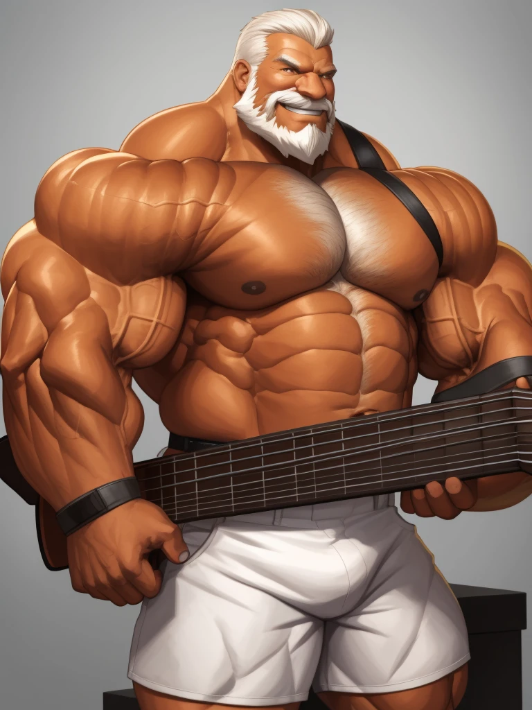 solo, 1boy, perfect anatomy, perfect proportion, smile, grinning, happy. Huge Muscular Old man (playing guitar) ,(white shorts), view from side, pectoral, thick arms, huge pectoral, wide pectoral, short white hair, red beard and hair, simple background, masterpiece, semirealistic:1.2, high detailed, 8k, high resolution, perfect center, full view. ((really big muscle, massive muscular, sixpack, thick arms, wide pectoral, super huge muscle, hyper muscular, over sized muscle, huge arms, big arms, huge pectoral))