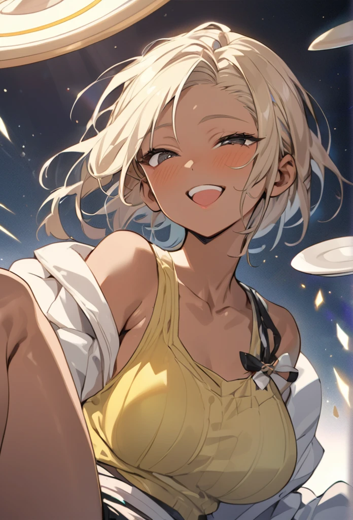 (anime style),masterpiece, best quality, extremely detailed,16Year old,tanned skin,dark skin, Beautiful body,glamour breasts,BREAK,multicolored colorful blonde hair,short hair,hair slicked back,BREAK,black eyes,happy smile,open mouth,half closed eye,happiness
smile face,detailed lips,open legs,BREAK,cotton black big ribbon,BREAK,yellow hanging tank top,break,head tilt,throwing FLYING saucer,