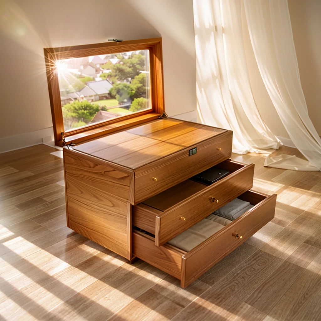In this cozy room,A ray of sunlight shone on the table through the half-drawn curtains,Let the wood grain on the watch storage case shine with a faint sheen。There is a calm and serene atmosphere in the surrounding air。Several still lifes hang on the walls of the room,It adds a touch of elegance to the space。And on the other side of the room,A half-open window lets the breeze blow in,The pages on the small desk by the window flipped in the wind,This quiet scene gives a sense of tranquility and comfort。