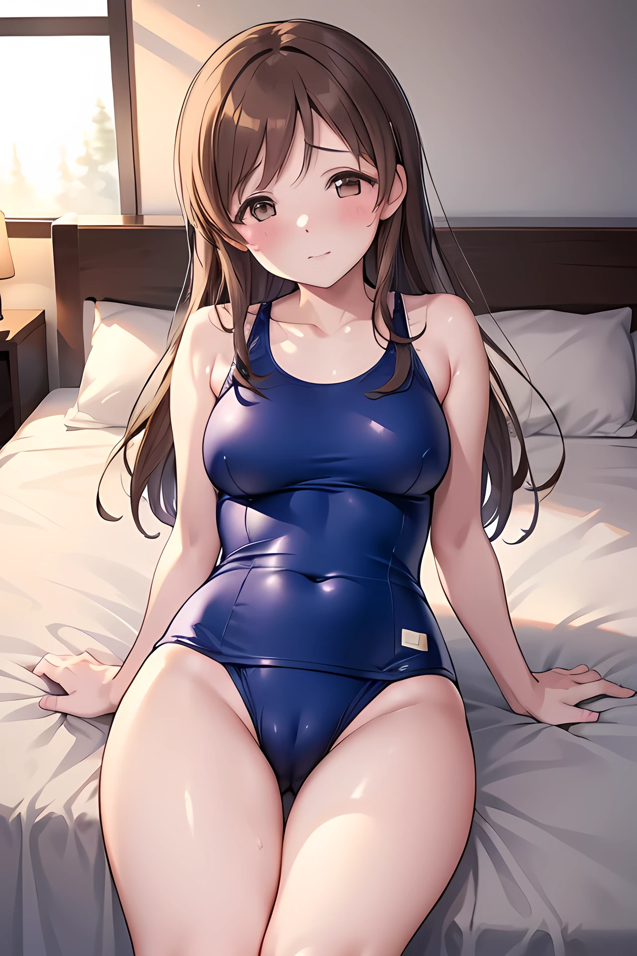 nitta minami,1girl, one-piece swimsuit, old school swimsuit, cameltoe, brown hair, solo,nervous, covered navel,, looking at viewer,, breasts, brown eyes, long hair,bedroom, blush, bangs, collarbone,looking at viewer,nitta minami,closed mouth,blush,on back,bed