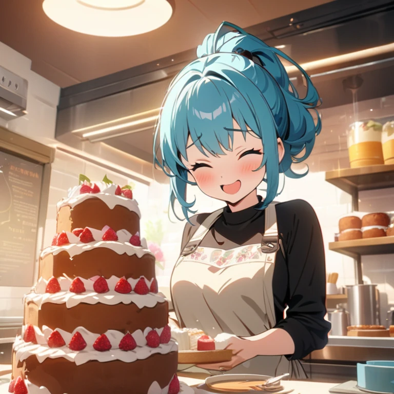 A beautiful woman with a cute ponytail hairstyle, eyes closed, shy and adorable expression, designer outfit, baking many cakes, happy smiling face, beautiful cake shop kitchen background, (best quality,4k,8k,highres,masterpiece:1.2),ultra-detailed,(anime style),intricate details, warm lighting, vibrant colors, professional cooking illustration
