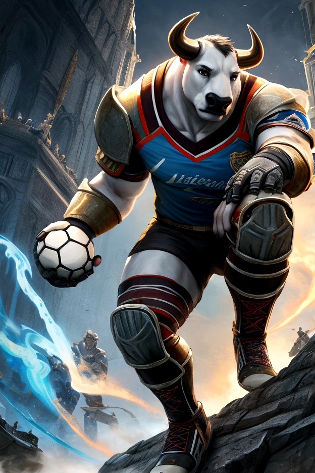 Anthro Bull in Fantasy Battlefield, wearing short sleeved soccer jersey and technological soccer boots that reaches knees, (holding tight a soccer ball on hand), epic
