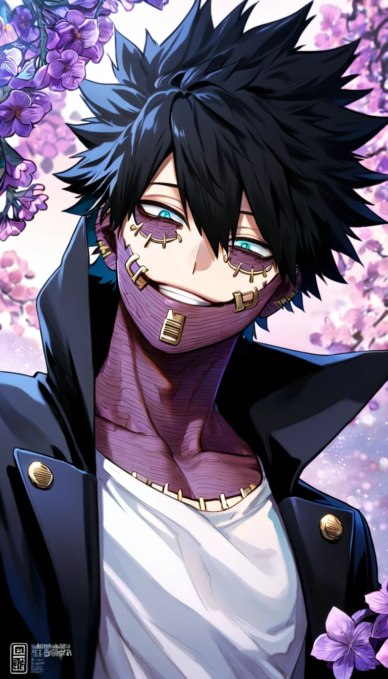 absurdres, highres, ultra detailed, HDR, master piece, best quality, Dabi, black hair, expressive turquoise eyes, Boku No Hero Academia, solo, sexy man, handsome, black coat with high collar, white T-shirt, smiling, fantasy, purple flowers, purple blossoms, purple petals, purple moon