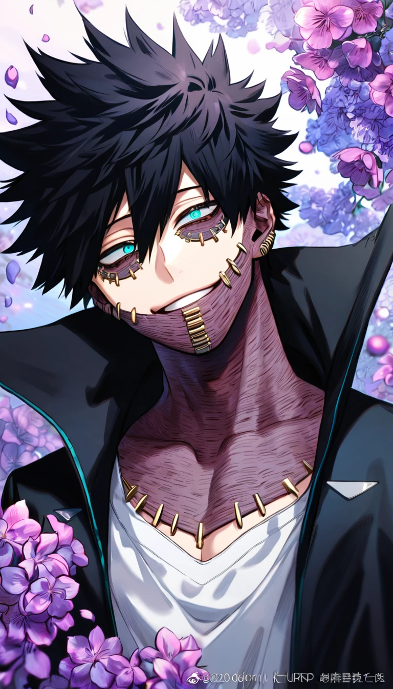 absurdres, highres, ultra detailed, HDR, master piece, best quality, Dabi, black hair, expressive turquoise eyes, Boku No Hero Academia, solo, sexy man, handsome, black coat with high collar, white T-shirt, smiling, fantasy, purple flowers, purple blossoms, purple petals, purple moon