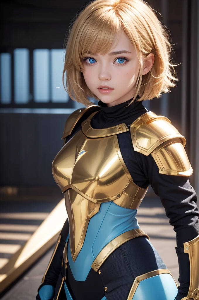a girl with short golden hair, bangs, light blue eyes, with gold Sagittarius armor
