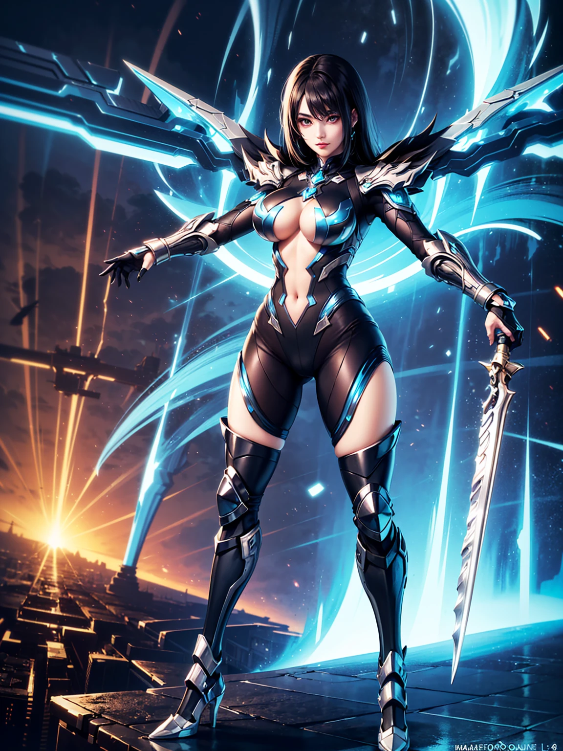 ((mejor calidad)), ((obra maestra)), (detallado: 1.4), ..3D, una imagen de una hermosa mujer ojos azules con traje de blue beetle con cabello grueso Pechos grandes con disparos y cola grande y voluminoso, light particules, Pure energy, caos, antitech, HDR (High Dymanic Range), Trazado de rayos ,NVIDIA RTX, Super-Resolutio
