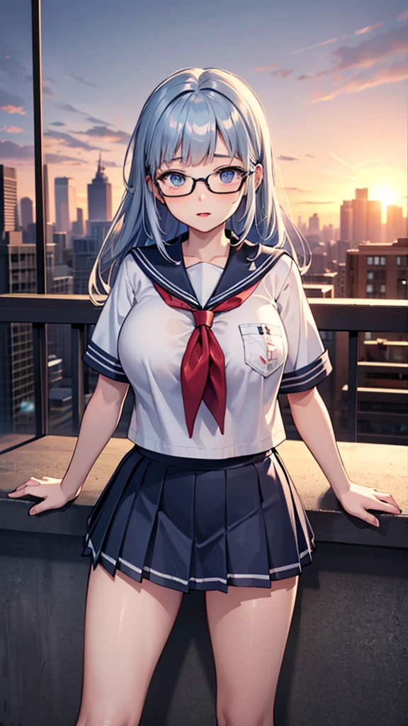 Create an anime-style illustration of a named Shizuka. She has long, straight, blue hair with bangs cut straight across her forehead. She has large, almond-shaped silver-blue eyes and porcelain-like white skin. Shizuka often wears glasses.Getting ready in the morning、Super big breasts、(Highest quality:1.4), (super high quality), (Very detailedな), 1 beautiful girl, So cute, (school uniform, Pleated mini skirt:1.5), (Very large breasts:1.1), (Slender body:1.1), (thin and delicate legs), Real skin texture, (Drop your bangs to the side), Bright and shiny lips, Advent of the Beautiful Goddess, Beautiful background, Golden Ratio, Conceptual Art, Very detailed, Accurate, Advanced Details, Outdoor, Sexy Art, Surrounded by beautiful sunsets, Bright light, Ultra-detailed illustration details, 8K wallpapers incorporating highly detailed CG, RAW Photos, Professional photos, Cinema Lighting, , (Nipple protrusions push up the uniform), Cropped tops,