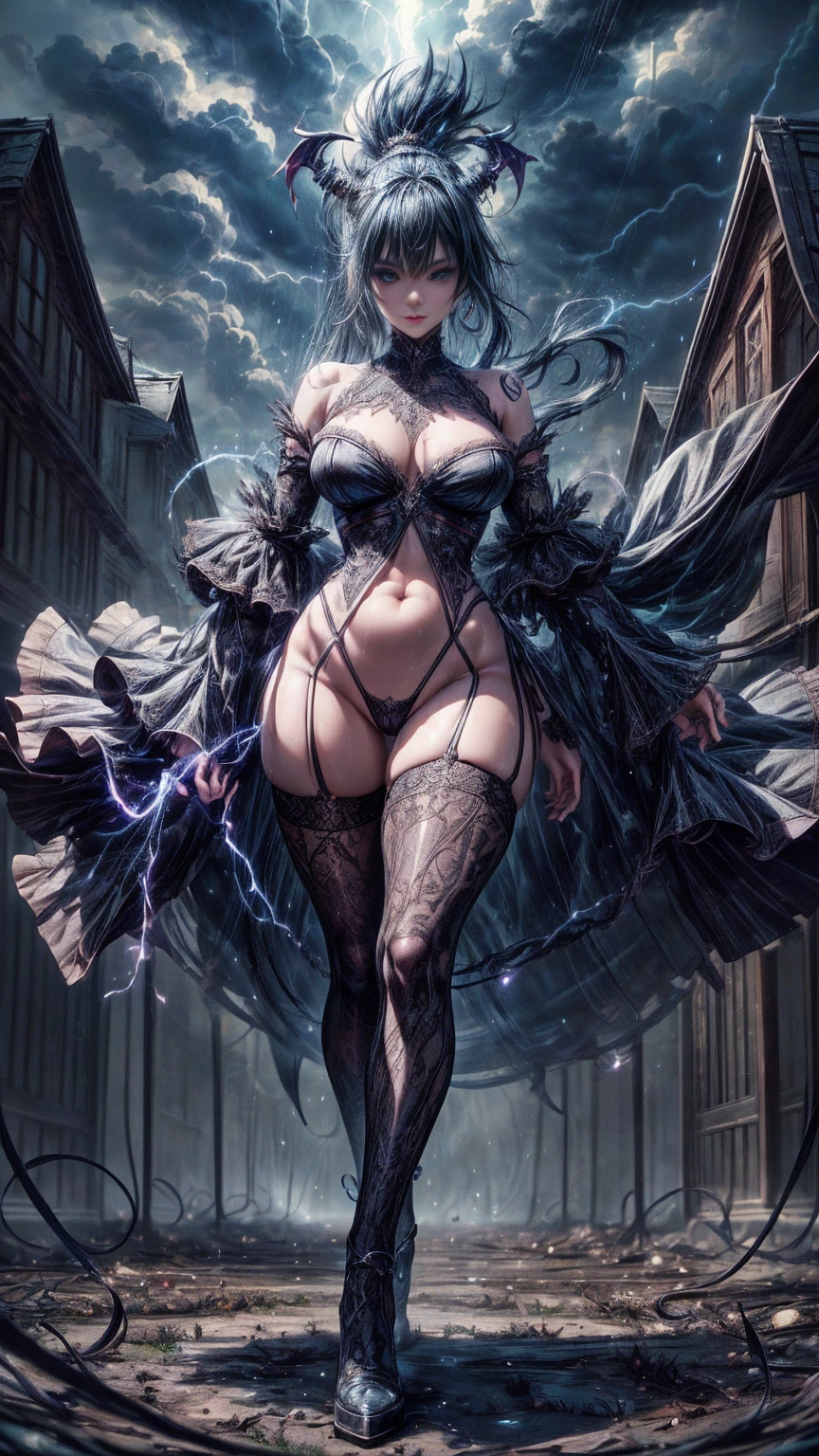 Windy, Full body portrait, bokeh, ((absurdres)) demonic succubus, ((perfect whole body)), action pose, combat stance, ((ultra photorealistic)), Top quality, ((Photorealistic)), ((16k UHD)), High Definition, Unity 8K wallpaper, high res, ultra sharp, ((masterpiece)), best quality, ((intricate details)), busty, curvy hips, sheer lowleg panties (((detailed eyes))), (((perfect face))) (((detailed face))), masterpiece, combat stance with legs spread wide apart, highly detailed exquisite character art, melancholy lighting, (((perfectly detailed anatomy))) (((cinematic light))), ultra-realistic, (((1female))), shaved long white mohawk ,black skin, black complexion, blue eyes, gothic outfit, tattoo's, busty, see-through mesh panties, torn stockings, straddling over the viewer, legs spread wide open, black lips, hoop earrings, superpowers, weather witch, commanding the weather, wind, hail, lightning, clouds, avalanche, rain, thunder, flying, plump lips,