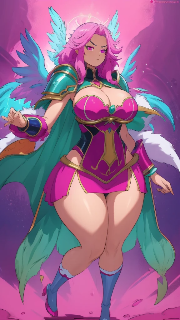 Anime, 1 woman, ethereal aura, extremely Long fluffy hairstyle, Raspberry-glace colored hair, neon pink colored eyes, busty, gorgeous plump body, silver heavy armor, detailed heavy armor, extremely large-skirt, Green underwear, serious face, 6 draconic wings, large Cape, 6 Large draconic wings, floating pose