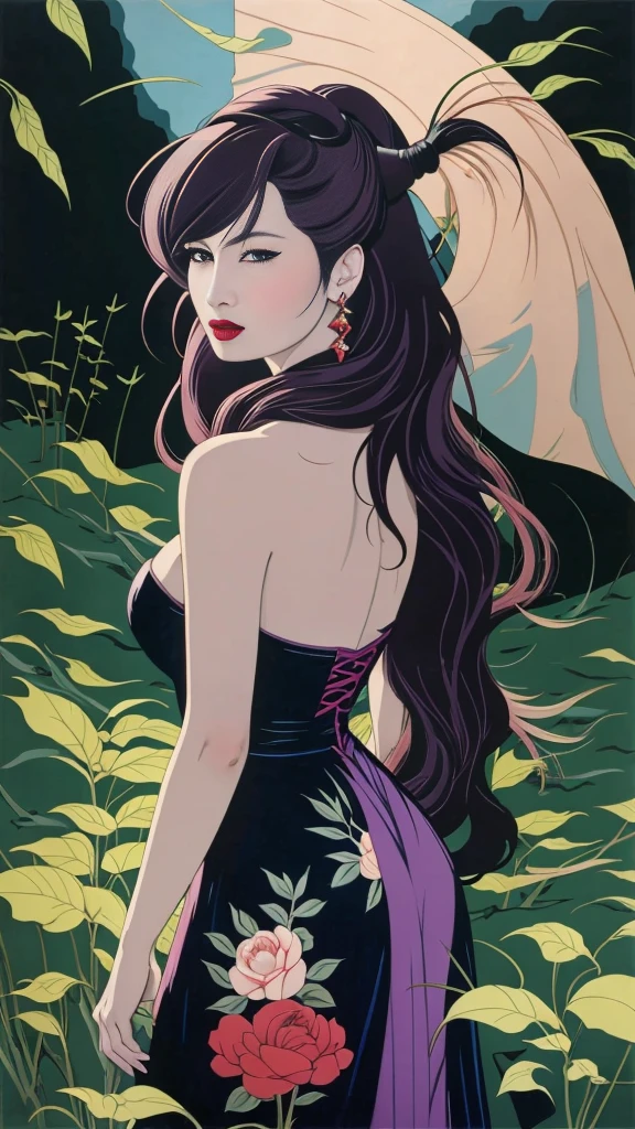 (Masterpiece Art:1.1), (最high quality), Woman with strapless dress and lipstick, gray background, Art style by Patrick Nagel, beautiful, Highly detailed painting, (highly detailed slopes), (detailed face), (fine eyes:1.1), model shoot, professional photography, official art, synthwave, 8K, hard disk, high quality, award-winning, ponytail, 20-year-old, profile, japanese woman, long hair,