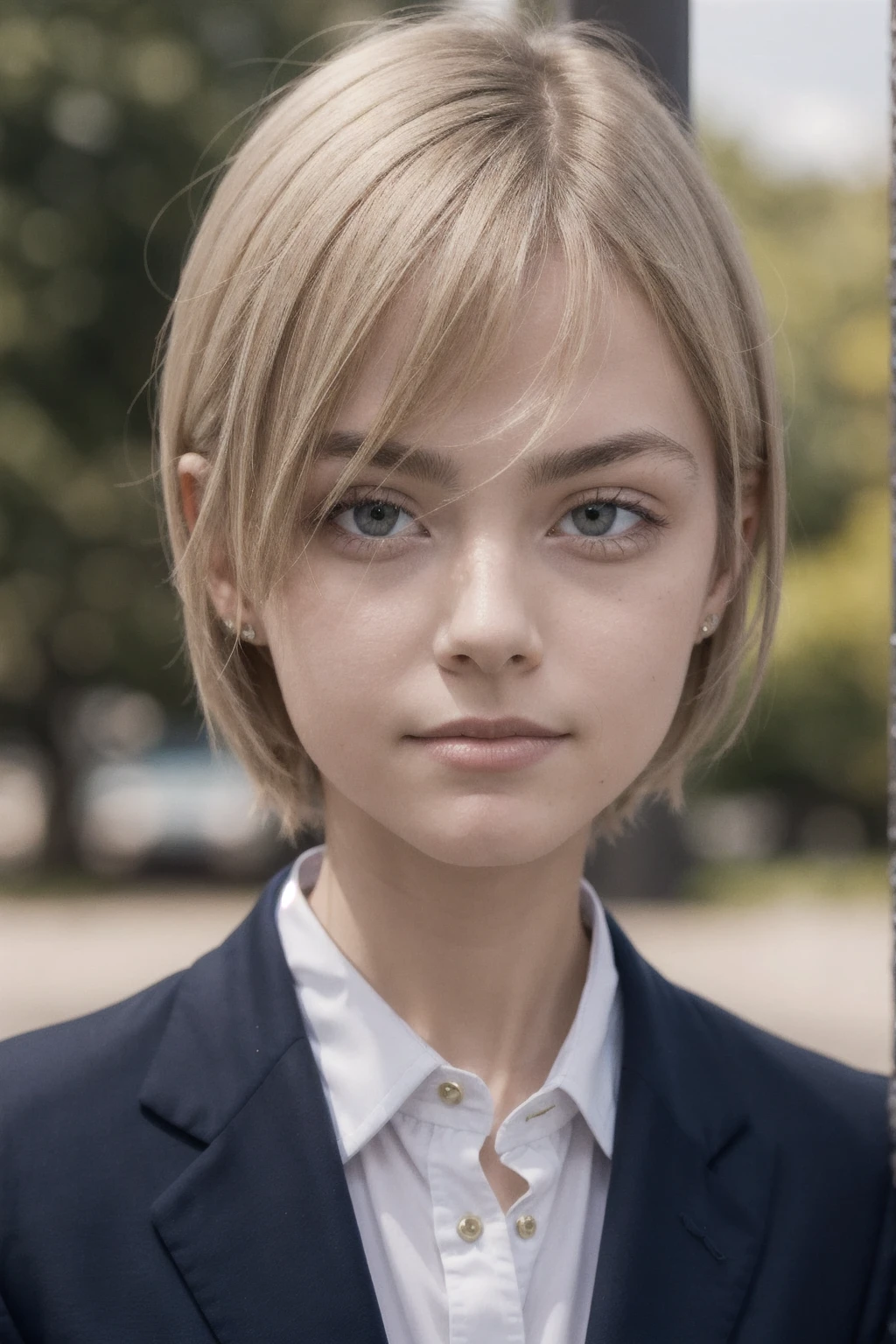 portrait of european 1girlsolo, 10yo, beautiful face, upper body, hair over one eye, medium sidecut, blonde hair, sharp focus,black business suit