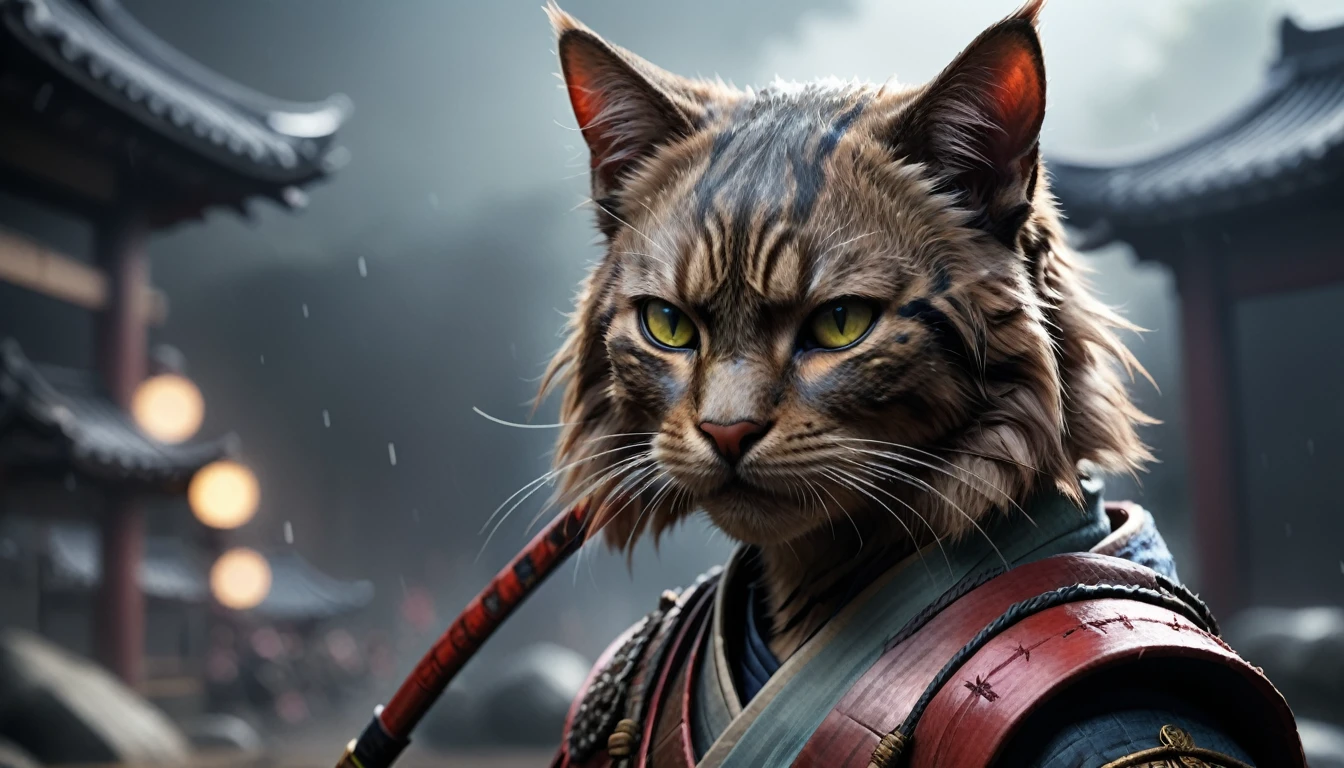 (closeup photo cinematic),a samurai cat, battlefield,  2D, colorful, dark atmosphere