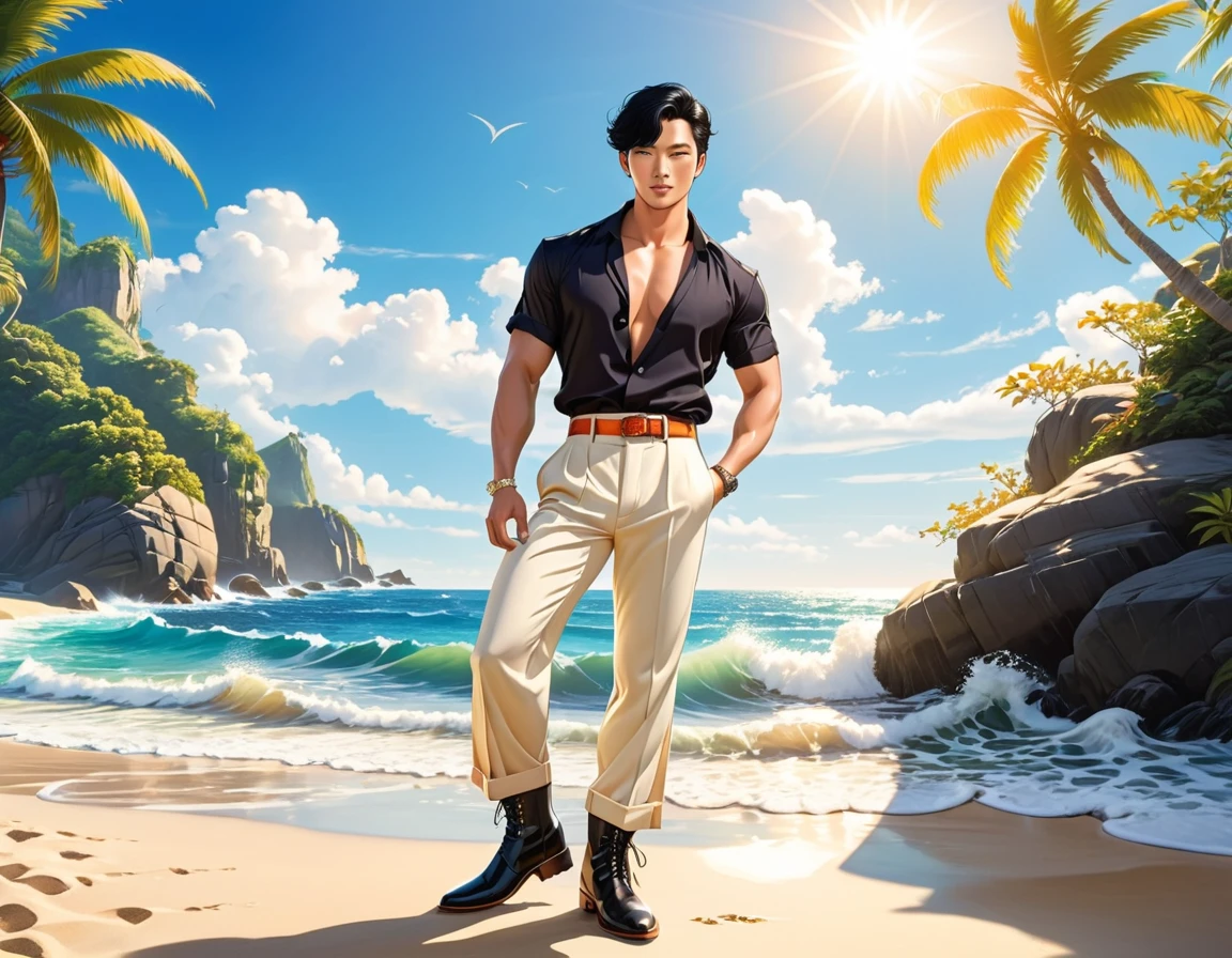 1 Male, Asian, chiseled face, medium straight black hair, Summer, Boots, long pants, beach background, bright sunlight, ocean waves, tropical setting, consistent fashion, aristocratic presence, stylish pose, full-body shot, emphasizing long pants,