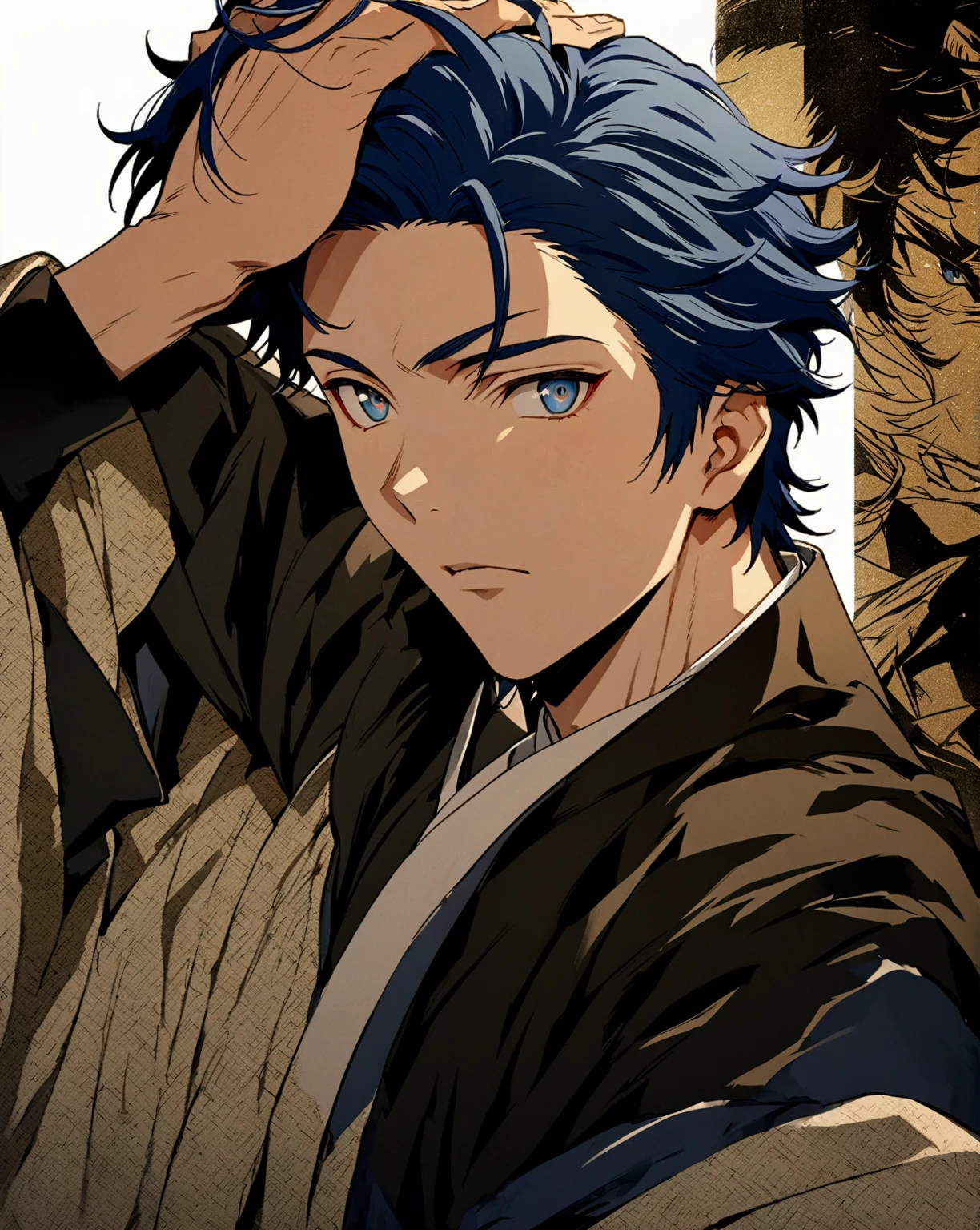 Anime-style image of a man with blue hair and a black shirt, Tall anime guy with blue eyes, Anime Handsome Man, Male Anime Characters, Young Anime Guy, Anime portrait of a handsome man, Handsome men from Demon Slayer, Male Anime Style, Handsome anime pose, Beautiful androgynous prince, shigenori soejima illustration, Anime Shōnen