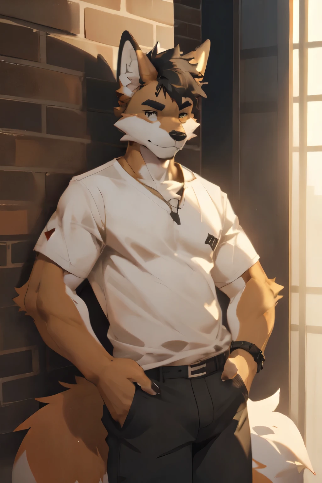 Solo, male, a cute but masculine anthro furry fox boy of 20 years old, a single fox tail always, toned, lean, black hair, faux hawk hair, green fox eyes, by fumiko, by hyattlen, by zackary911, indoors, white t-shirt, tight jeans, standing, arms crossed, front view, leaning his back against a wall, serious, orange fur, 