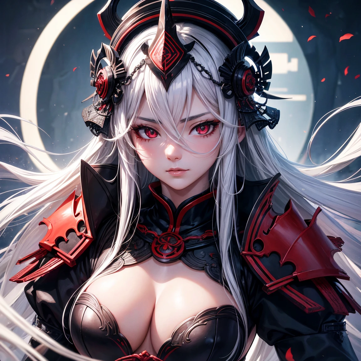 a woman, 1girl, long white hair, small breasts, red eyes!!!, fair skin, blank face, sexy tight black samurai outfit, no helmet, night, medieval japanese town, very sexy body, detailed face, beautiful detailed eyes, beautiful detailed lips, extremely detailed eyes and face, long eyelashes, detailed clothing, intricate details, highly detailed, photo realistic, 8k, best quality, masterpiece, cinematic lighting, dramatic lighting, vibrant colors, fantasy, digital art, concept art