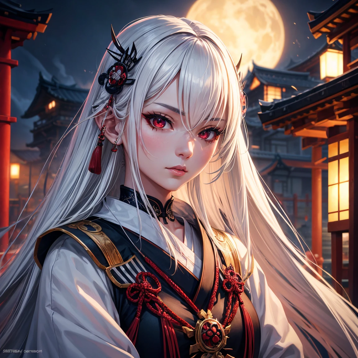 a woman, 1girl, long white hair, small breasts, red eyes!!!, fair skin, blank face, sexy tight black samurai outfit, no helmet, night, medieval japanese town, very sexy body, detailed face, beautiful detailed eyes, beautiful detailed lips, extremely detailed eyes and face, long eyelashes, detailed clothing, intricate details, highly detailed, photo realistic, 8k, best quality, masterpiece, cinematic lighting, dramatic lighting, vibrant colors, fantasy, digital art, concept art