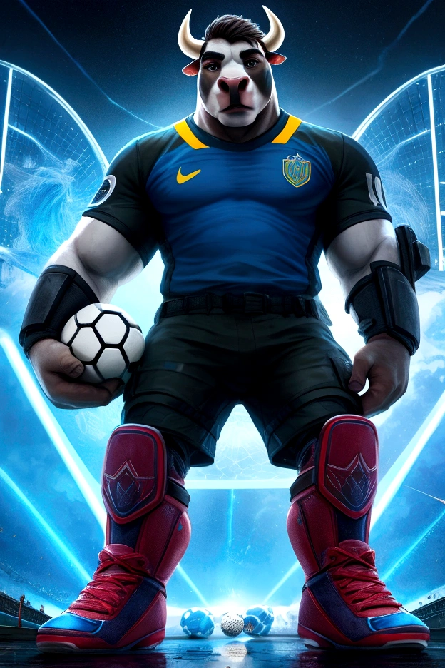 Anthro Bull in Battlefield, wearing short sleeved soccer jersey and technological soccer boots that reaches knees, (holding tight a soccer ball on hand), epic, full body view