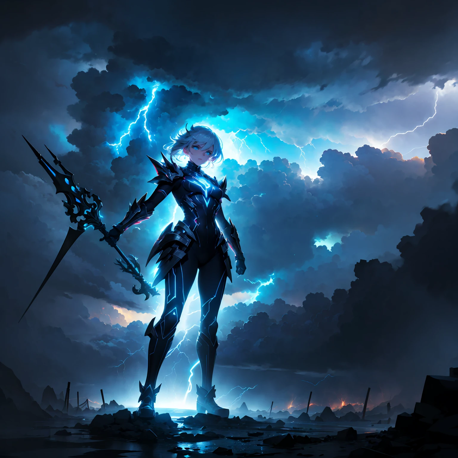 ((full body shot)) of a girl in electrifying, futuristic armor with sleek silver and blue accents, standing in a stormy, electrified sky. She has short, spiky platinum blonde hair and piercing, electric blue eyes. Her skin has a faint, radiant glow, and she is adorned with intricate lightning bolt motifs. She holds a magnificent staff crackling with arcs of lightning, emitting a powerful, electric aura. The atmosphere is {charged|awe-inspiring}, with thunderclouds and bolts of lightning illuminating the scene. The ground beneath her is charged with static electricity, creating a shimmering effect and adding to the electrifying ambiance. Surrounding her are swirling storm clouds and bursts of lightning in shades of {blue|white}, casting a dynamic, electrical glow. The background features towering, swirling storm formations and glimpses of a distant, lightning-lit castle, hinting at a kingdom ruled by thunder and lightning. The scene is intense and majestic, with her face showing a confident yet serene expression, her eyes focused intently on harnessing her power.

[Best quality], [Masterpiece], [Ultra-detailed], [4k], {charged|awe-inspiring} atmosphere, stormy sky, {dynamic pose|commanding pose}, electrified illumination, {soft shadows|dramatic lighting}, {charged ground:0.7}, {swirling storm clouds:0.6}, {bursts of lightning:0.5}, {storm formations:0.4}, {lightning-lit castle:0.3}.