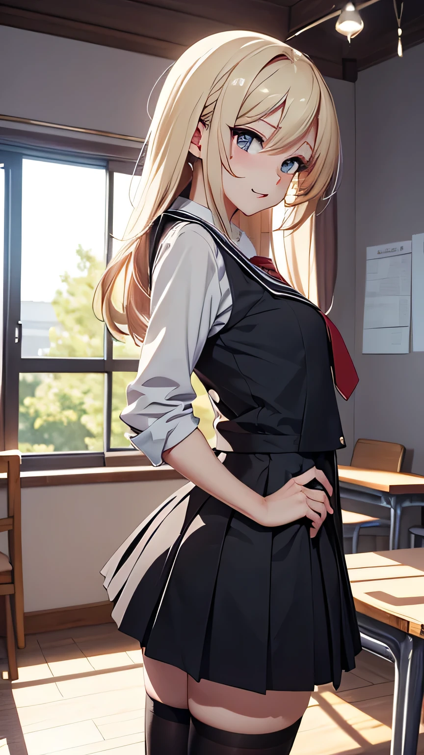 (​masterpiece, cowboy shot profile from below:1.3), (8K, highest quality fantasy anime, Top image quality: 1.4), 16yo kawaii high school girl:1.2,  (looking down:1.2)、against the roomlight in the classroom, blush, medium breasts:1.2,  perfect pupils of big droopy eyes, Super Detail cute Face、anime style Eye of Detail, open mouth、sharp focus:1.2,  pretty:1.4、top-quality、​超A high resolution、(moe anime:1.4)、Highly detailed and professional lighting, natural smile、natural make up, (break) undressing uniform shirts、shoulder out, no bra, high beams, pleated skirt, thighhighs, natural facial expression、long straight hair、(random hair style:1.2), Fatal position, (cute slender body:1.3), 
