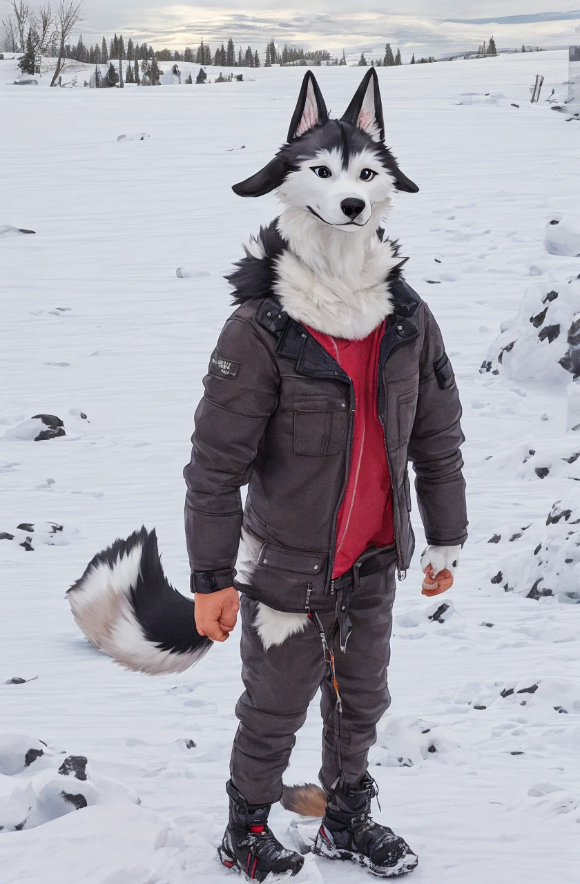 Engrilklenus, husky dog, arctic, strong, muscular, leather jacket, winter pants, snow boots, tail, white paws, black and white fur, star patch