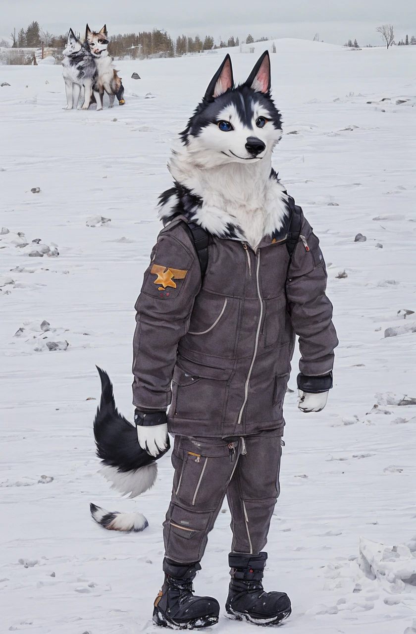 Engrilklenus, husky dog, arctic, strong, muscular, leather jacket, winter pants, snow boots, tail, white paws, black and white fur, star patch
