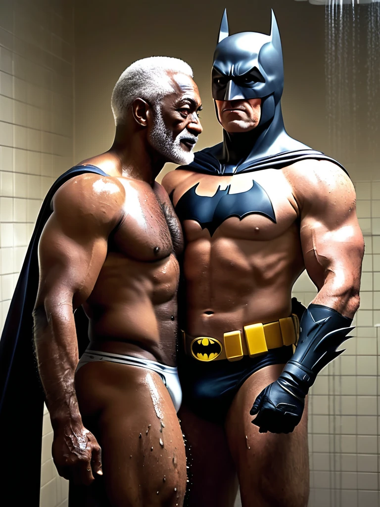 score_9, score_8_up, score_7_up, score_6_up, score_5_up, score_4_up , ,photo realistic,
Alfred (butler, intelligent, gentlemanly, slim, in his 60s) and Batman (hairy, muscular, tall, body covered in scars) wearing only a mask embrace each other in the shower in white briefs