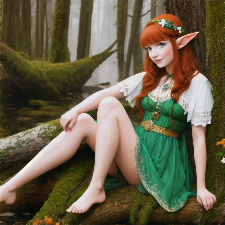 (watercolor: 1.2), elf princess, flower, freckles, bangs, redhead, long hair, green eyes, hair between eyes, flower earrings,Full body, sitting on a log in the middle of the forest, smiling, quite delicate, blurred background, high resolution