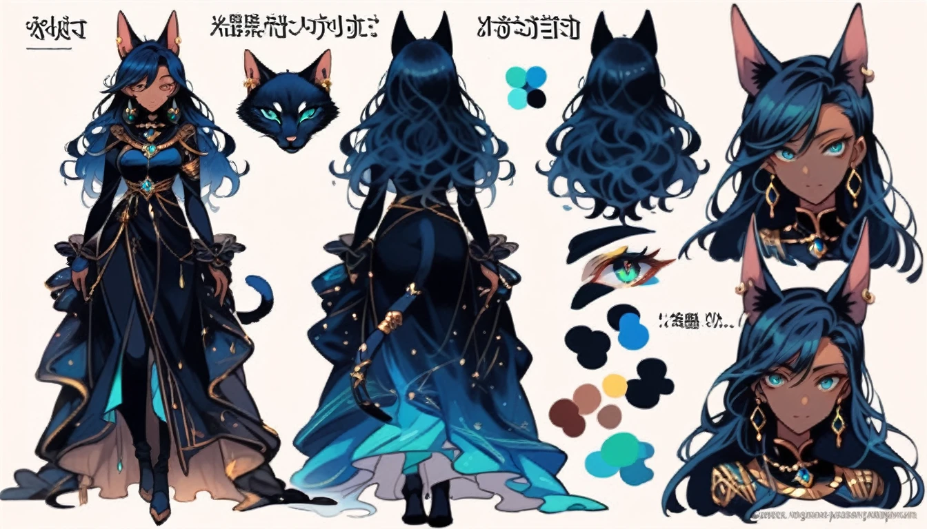 1 Girl,Cat ears,Dark skin tone的女性,Dark skin tone,clothing,earrings,Jackal ears,Jewelry,Long hair,,beautiful girl,Standing,Sexy pose,Blue Hair,skin,Keep your mouth shut,Wear,whole body,solo,Standing, character model sheet turnaround, character turnaround, Animation character design, whole body拍摄转身, detailed whole body概念艺术, Colorful Concept Art, Anime Concept Art, whole body角色概念艺术, whole body概念艺术, game character concept art, Reference Model Table, Character Concept Reference Art,