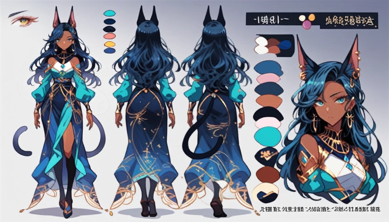 1 Girl，Cat ears，Dark skin tone的女性，Dark skin tone，clothing，earrings，Jackal ears，Jewelry，Long hair,，beautiful girl,Standing，Sexy pose，Blue Hair，skin，Keep your mouth shut，Wear，whole body，solo，Standing, character model sheet turnaround, character turnaround, Animation character design, whole body拍摄转身, detailed whole body概念艺术, Colorful Concept Art, Anime Concept Art, whole body角色概念艺术, whole body概念艺术, game character concept art, Reference Model Table, Character Concept Reference Art，