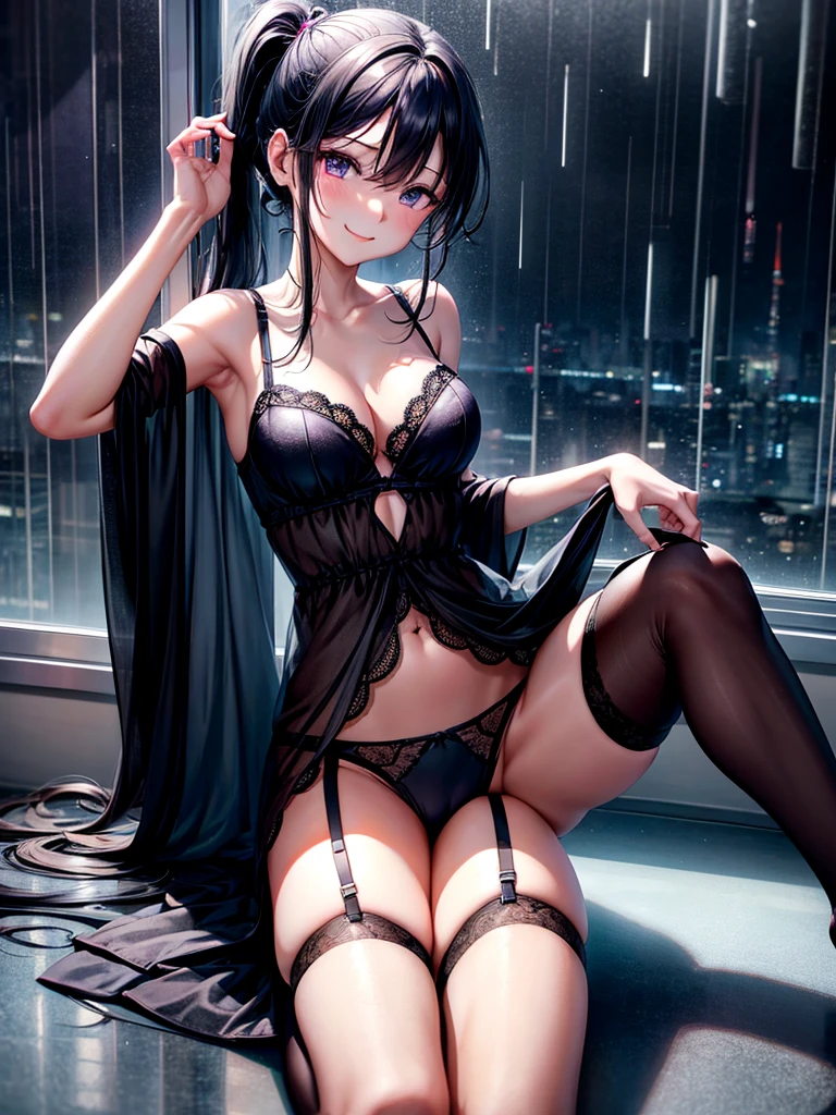 Highest quality,Highest Resolution,4K quality,寝室で大きな窓の外の都市の豪rainの夜景を眺める下着姿のsmileの女性の横顔,Jet black ponytail,Dark room,Sexy Lingerie,Many water drops on the window,garter belt,High leg,Purple underwear,Knee-high stockings,rain,豪rain,雷rain,smile,Landscape,