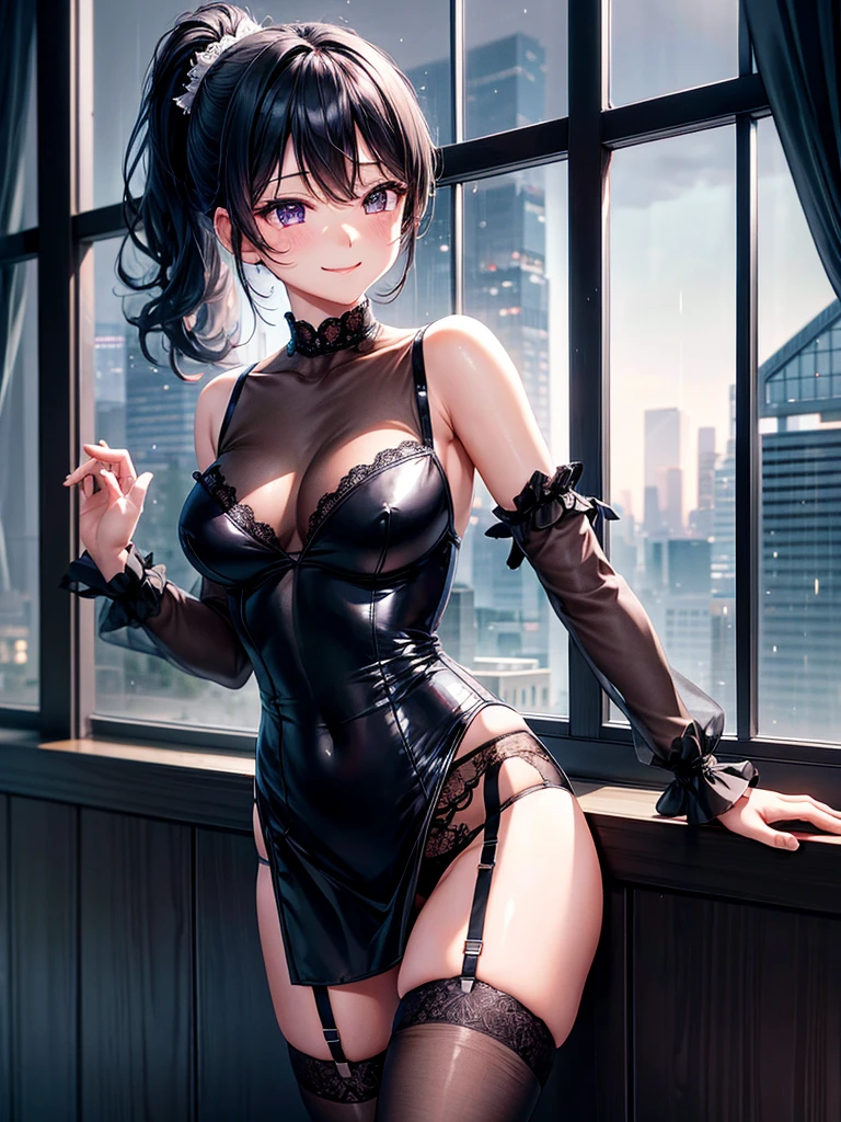 Highest quality,Highest Resolution,4K quality,寝室で大きな窓の外の都市の豪rainの夜景を眺める下着姿のsmileの女性の横顔,Jet black ponytail,Dark room,Sexy Lingerie,Many water drops on the window,garter belt,High leg,Purple underwear,Knee-high stockings,rain,豪rain,雷rain,smile,Landscape,