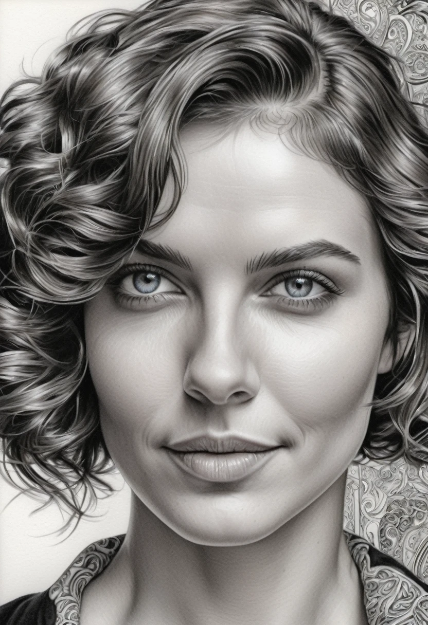 zoom portrait, fountain pen draauing of a Brunette auoman auith a gentle smile, short, slightly curly hair, auell-defined eyeBroaus, Beautiful [:light Blue:15] eyeballs, intricate lines, highy detailed, B&au, monochrome, black andwhite, graffit, pencil painting, coal, (hight contrast:1.1), auhite Background