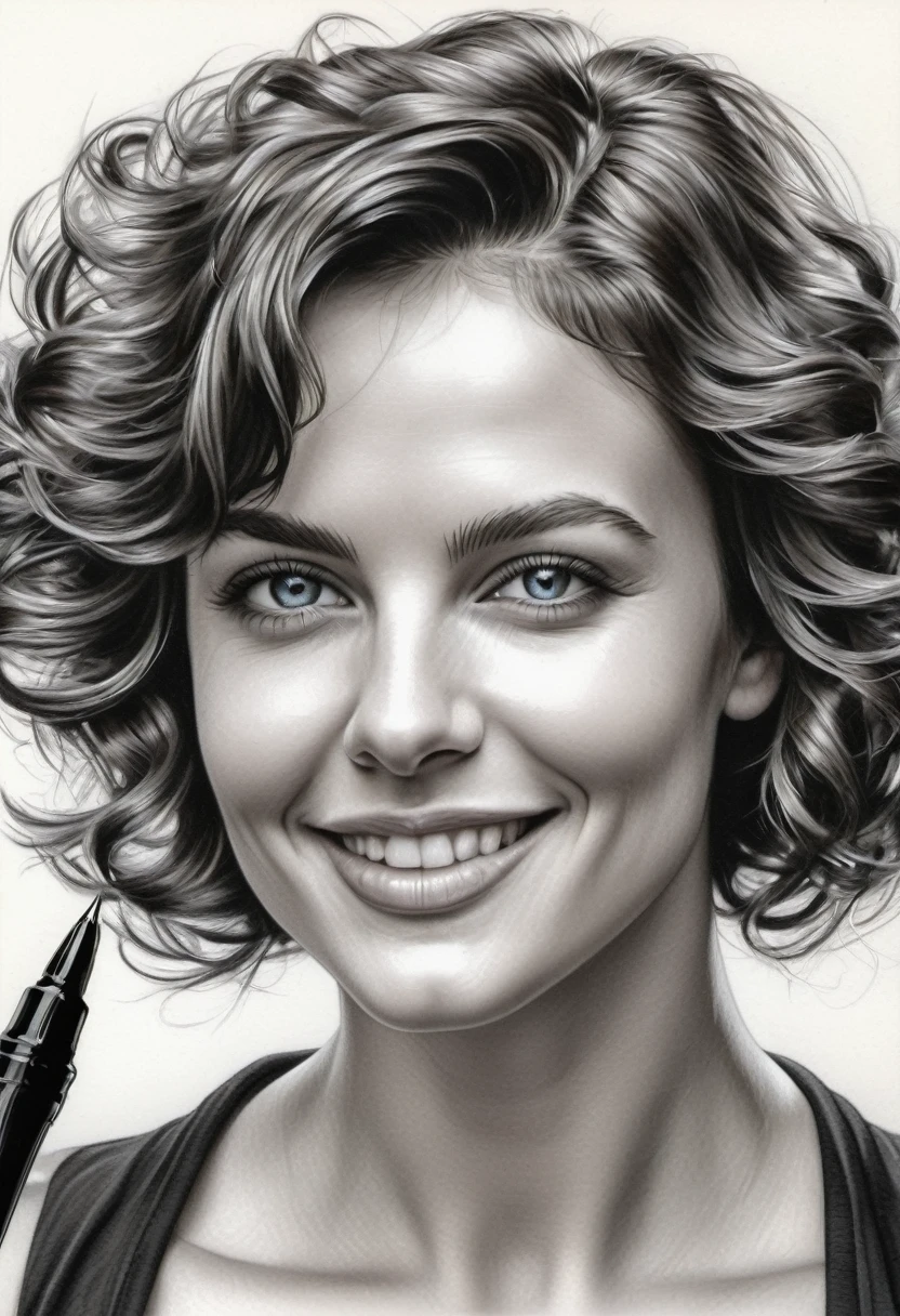 zoom portrait, fountain pen draauing of a Brunette auoman auith a gentle smile, short, slightly curly hair, auell-defined eyeBroaus, Beautiful [:light Blue:15] eyeballs, intricate lines, highy detailed, B&au, monochrome, black andwhite, graffit, pencil painting, coal, (hight contrast:1.1), auhite Background