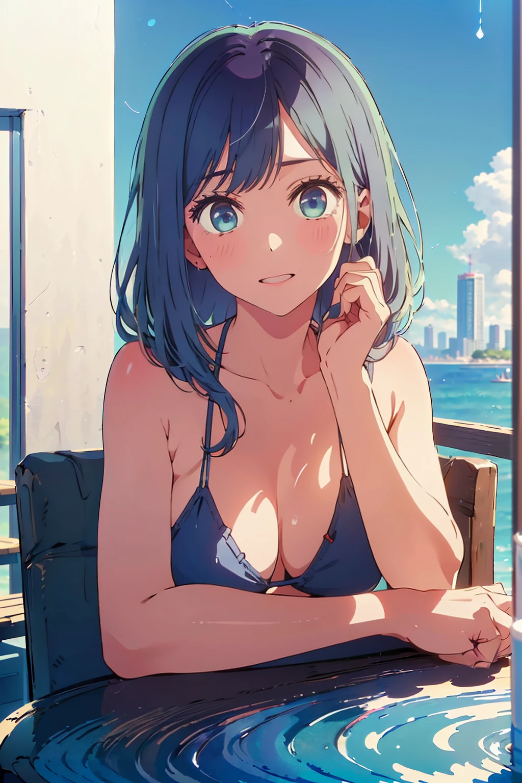 (Highest quality:1.4、masterpiece:1.4、Super detailed:1.4、8K:1.4)、F cup bust、Big Breasts、Slim body、((((1 person、Surprised expression、sit、Chair、In the background are the urban buildings of Tokyo、looking at the camera、Outdoor café terrace、coastal、Navy hair color、juice、Shooting up close、table、Very cute face))))、(Pose of putting hair behind ears with hands:1.4、Cheek resting on hand:1.4)、((nude、Areola、bikini))、Very blue sky、A completely cloudless sky、Big eyes、((((Shallow depth of field))))