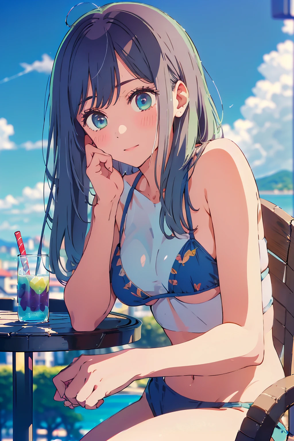 (Highest quality:1.4、masterpiece:1.4、Super detailed:1.4、8K:1.4)、F cup bust、Big Breasts、Slim body、((((1 person、Surprised expression、sit、Chair、In the background are the urban buildings of Tokyo、looking at the camera、Outdoor café terrace、coastal、Navy hair color、juice、Shooting up close、table、Very cute face))))、(Pose of putting hair behind ears with hands:1.4、Cheek resting on hand:1.4）、((nude、Areola、bikini))、Very blue sky、A completely cloudless sky、Big eyes、((((Shallow depth of field))))