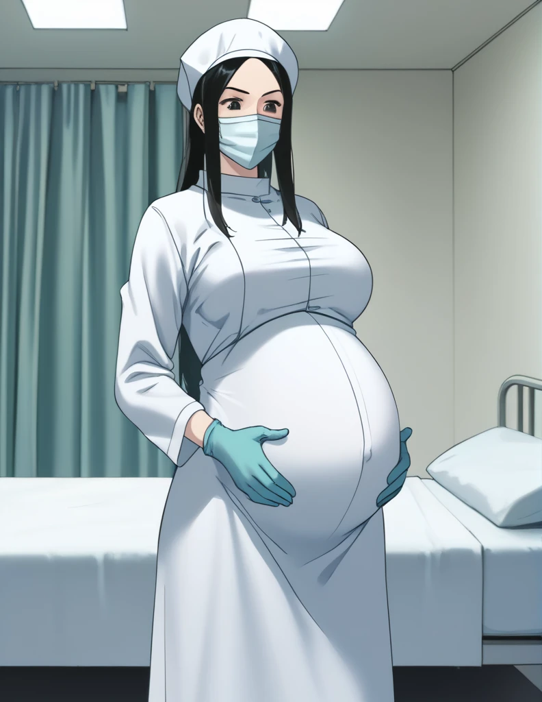 score_9,  score_8_up, score_7_up, source_anime, kasuganoray, pale skin, long hair, scrubs, surgical mask, surgical cap, Long sleeve maternity gown, seamless, no seams, tight fitting,
1girl, pregnant, big breasts, solo, rubber gloves, looking down, furrowed brow, hospital bed, standing