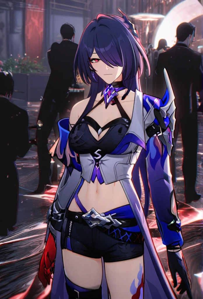 4k best Quality, Acheron Honkai Star Rail,  male version, Short Blood Red Hair. Purple Outfite.