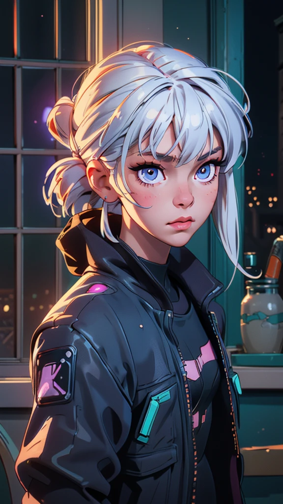 masterpiece, best quality, 4k, UHD, mishoujo, beautiful eyes and detailed face, illustration, beautiful detailed, high resolution illustration, glowing_white_particles, 1girl, white hair, light purple eye, hair over one eye, short side tail, baseball cap, expressionless, window shade, black jacket, chest rig, cyberpunk, techwear, (Impressionism:1.4), mid body portrait, cyberpunk city background, back against the wall, looking over the other side